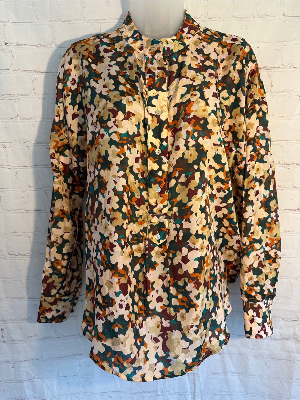 Johnny Was Calme Silk 1/2 Half Button Down Blouse in Floral Brown & Green New - Picture 4 of 10